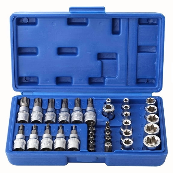 34pcs Torx Bit Socket And E-Torx Star Socket Set 1/4" 3/8" 1/2" Drive Male Female E-Torx Security Bits Handheld Tool