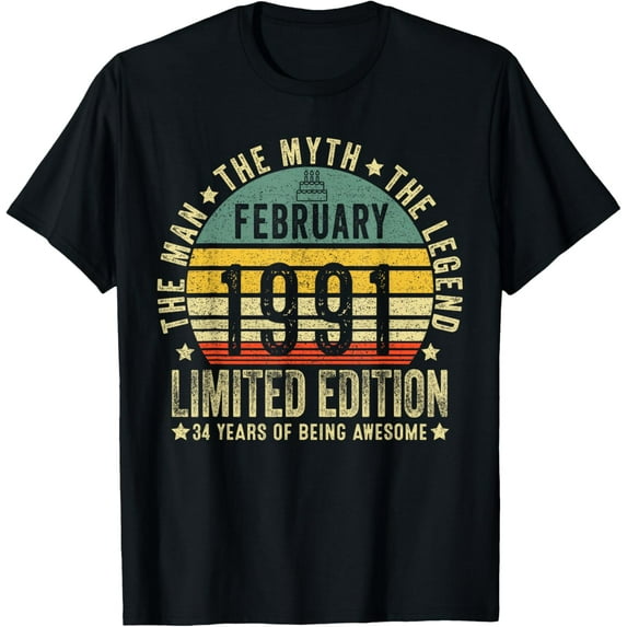 34th Birthday Gifts Vintage February 1991 34 Years Old Men T-Shirt