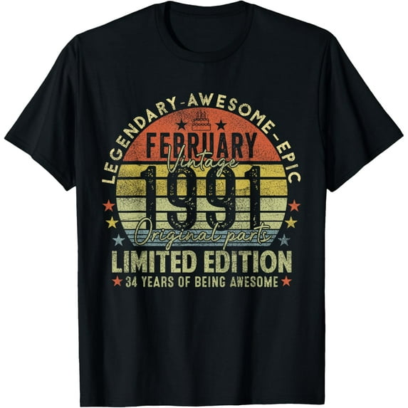 34th Birthday Gifts Vintage February 1991 34 Years Old Men T-Shirt