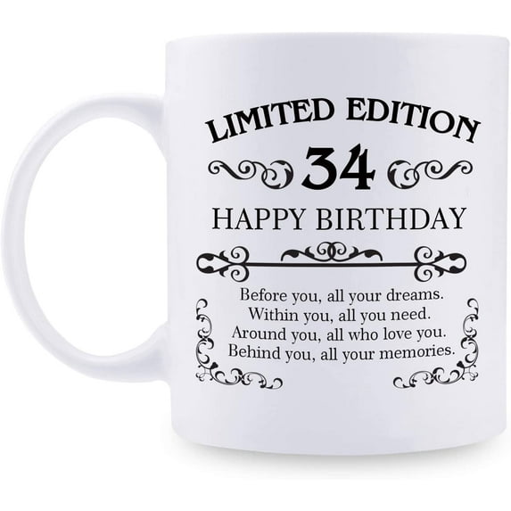 34th Birthday Gifts for Women Men - 11 oz Coffee Mug - 34 Year Old Present Ideas for Mom, Dad, Wife, Husband, Son, Daughter, Friend, Colleague, Coworker (34th Birthday Gift)