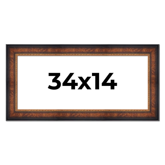 34x14 Frame Brown Walnut Gold Ornate Trim Solid Wood Plein Air Picture Frame | 3 Inch Moulding