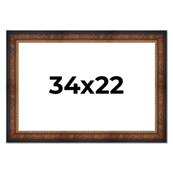 34x22 Frame Brown Walnut Gold Ornate Trim Solid Wood Plein Air Picture Frame | 3 Inch Moulding