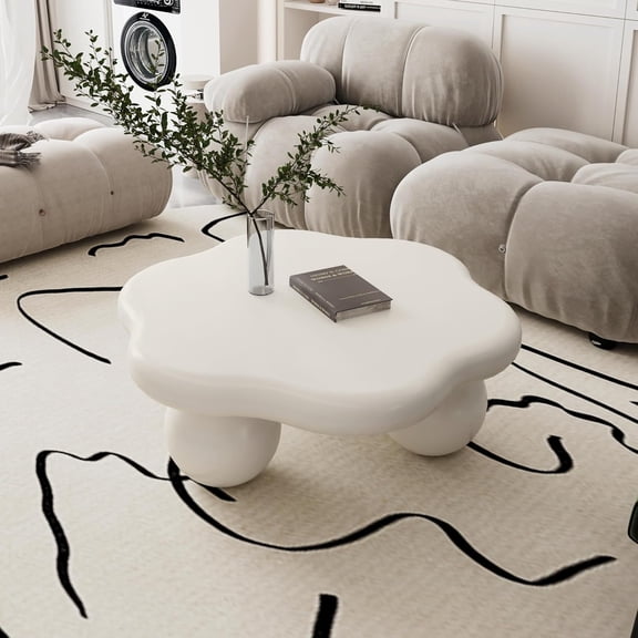35.03" Cloud Coffee Table for Living Room Unique Coffee Table Modern Low Coffee Tables Cute Center Table with 3 Ball Legs for Small Space Apartment Cream Flower-White