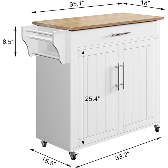 35.1" Kitchen Island with Storage, Rolling Kitchen Island on Wheels with Solid Wood Countertop, White Kitchen Cart with Rattan Storage Cabinet, Spice Rack, Towel Rack and Drawers(White)