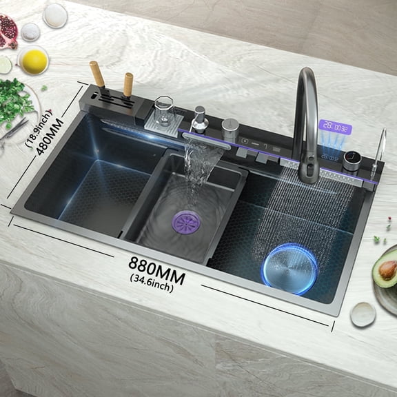 34.7″×19″Stainless Steel Kitchen Sink Large Single Bowl with Integrated Digital Display Waterfall Faucet Multifunction Sink Dishwashing Basin ,Includes Drainage System, Drain Basket, Cutting Board