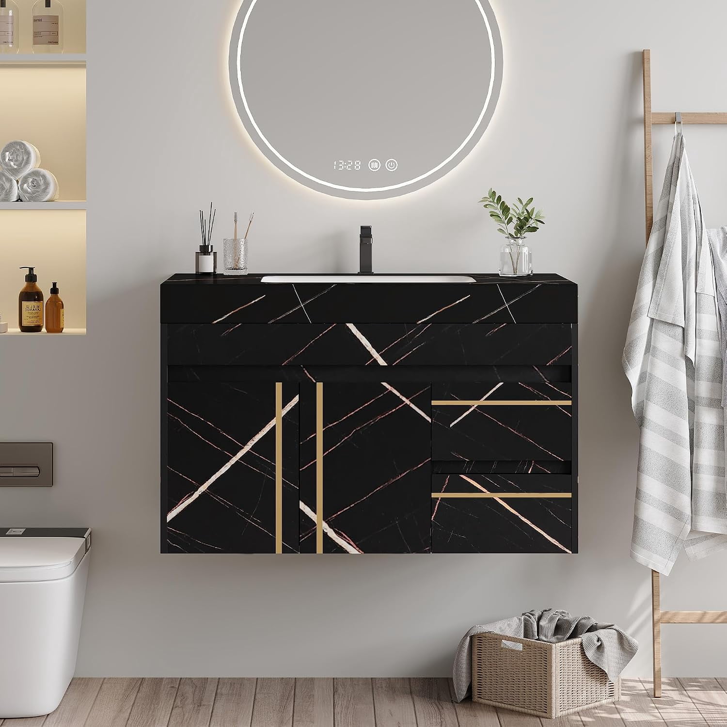 35.2" Modern Floating Bathroom Vanity with Ceramic Sink, Wall Mounted Bathroom Cabinet with Faux Marble Countertop, Soft Closing Doors & 2 Storage Drawers for Small Space, Black