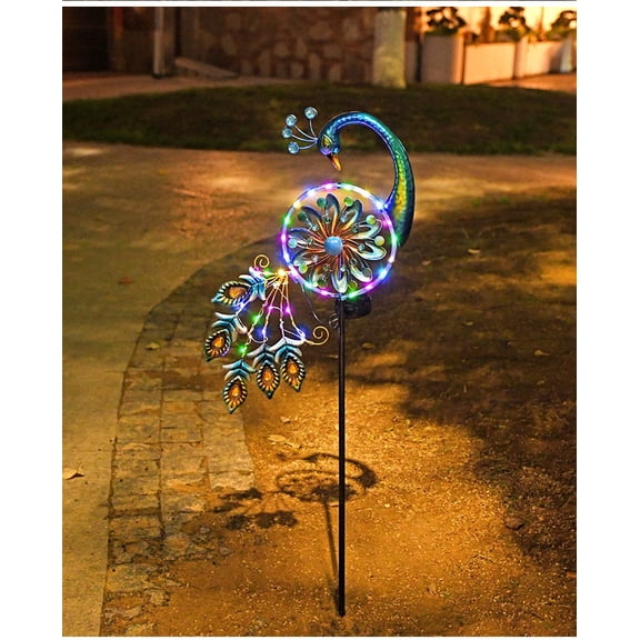 35.24 Inch Peacock Solar Wind Spinner Stake, Weatherproof Metal Wind Sculpture with Colorful LED Light, Rotatable Windmill Outdoor Yard Garden Backyard Decor, Great Gift for Garden Lovers