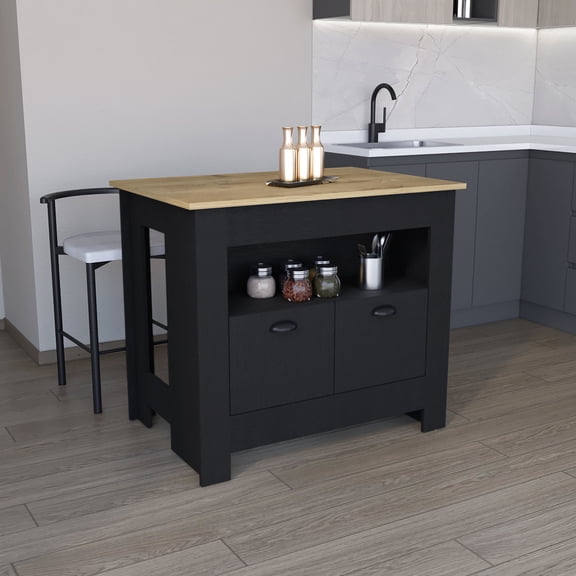 35.3" H Kitchen Island, TSCA Compliant, 2 Doors 3 Shelves, White Macadamia / Storage for Kitchen Utensils