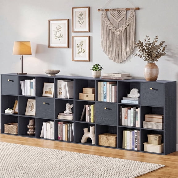 35.3" H Modular Storage Organizer with Fabric Drawers 12 Cube Black Bookcase Room Divider Set of 2