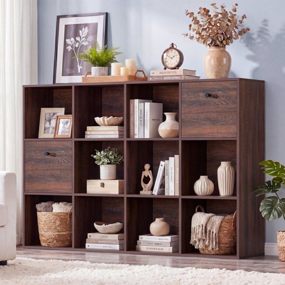 35.3" H Modular Storage Organizer with Fabric Drawers 12 Cube Walnut Bookcase Room Divider Individual