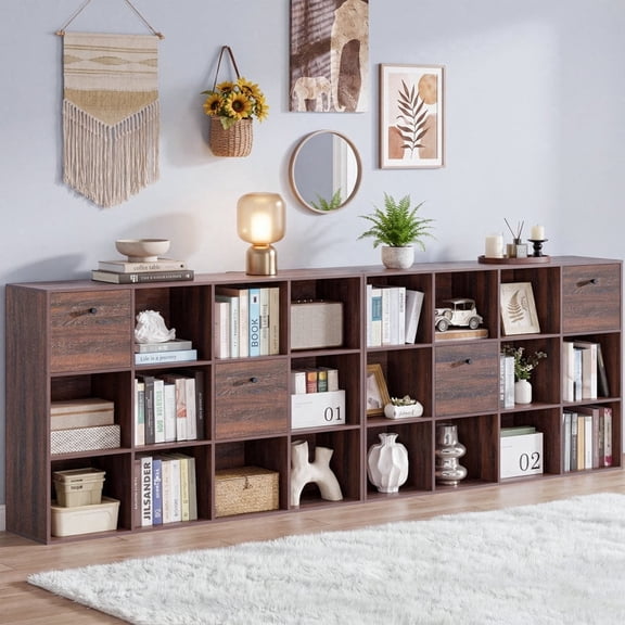 35.3" H Modular Storage Organizer with Fabric Drawers 12 Cube Walnut Bookcase Room Divider Set of 2