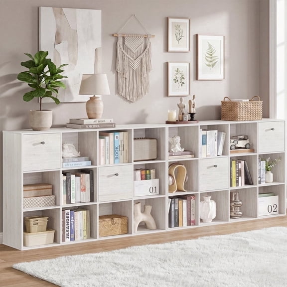 35.3" H Modular Storage Organizer with Fabric Drawers 12 Cube White Bookcase Room Divider Set of 2