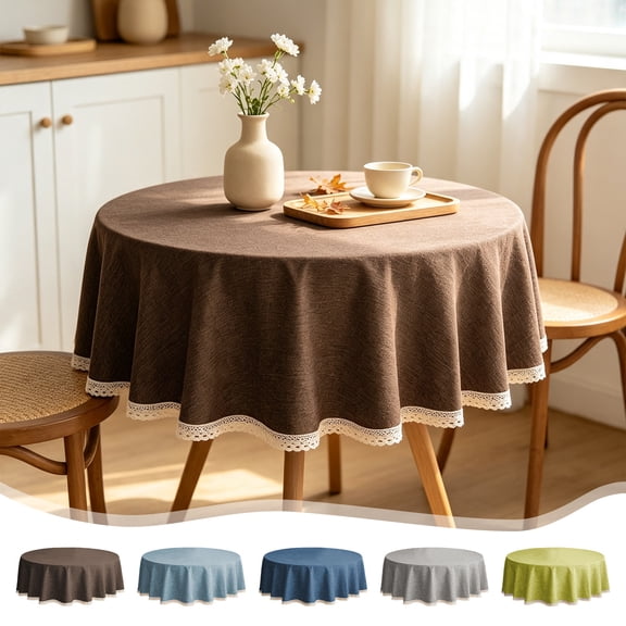 35×35in Round Linen Look Tablecloth, Waterproof Oilproof Polyester Table Cover With Lace Trim for Kitchen Table Farmhouse Home Decor,Brown