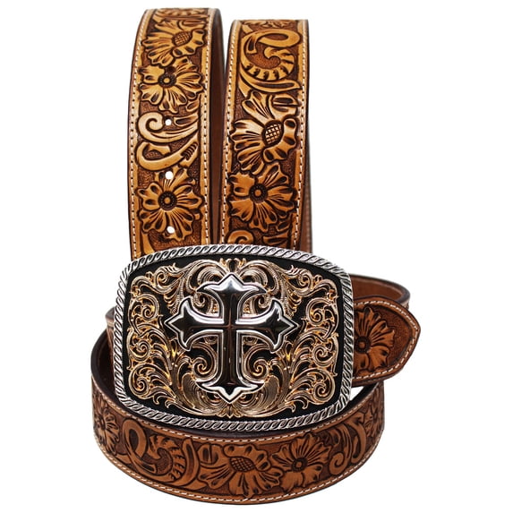 35-36 Men's 1-1/2" Wide Tan Leather Floral Tooled Casual Jean Belt 26FK03B