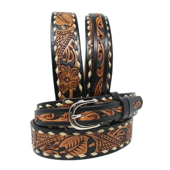 35-36  Men's 1-1/2" Wide Tan Leather Floral Tooled Casual Jean Belt 26FK16