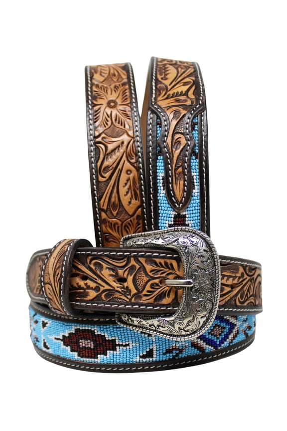 35-36 Unisex 1.5" Western Floral Tooled Beaded Full-Grain Leather Belt 26RT24B