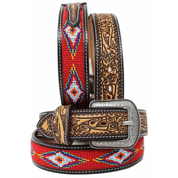 35-36 Unisex 1.5" Western Floral Tooled Beaded Full-Grain Leather Belt 26RT27A