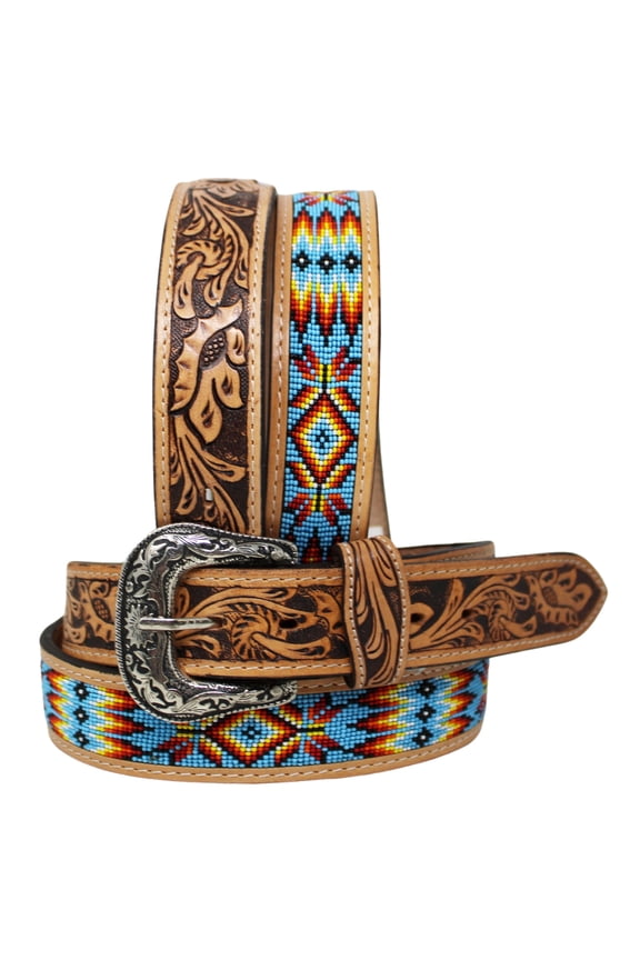 35-36 Unisex 1.5" Western Floral Tooled Beaded Full-Grain Leather Belt 26RT29B