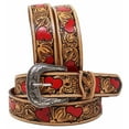 thumbnail image 1 of Challenger Western 1-1/2" Wide Rodeo Fashion Two-Tone Floral Tooled Red Hearts Full-Grain Leather Belt  26FK37RD, 1 of 3