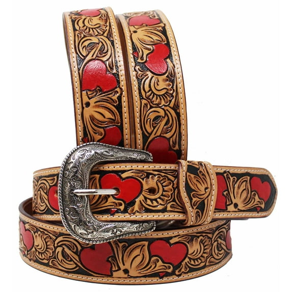 Challenger Western 1-1/2" Wide Rodeo Fashion Two-Tone Floral Tooled Red Hearts Full-Grain Leather Belt 26FK37RD