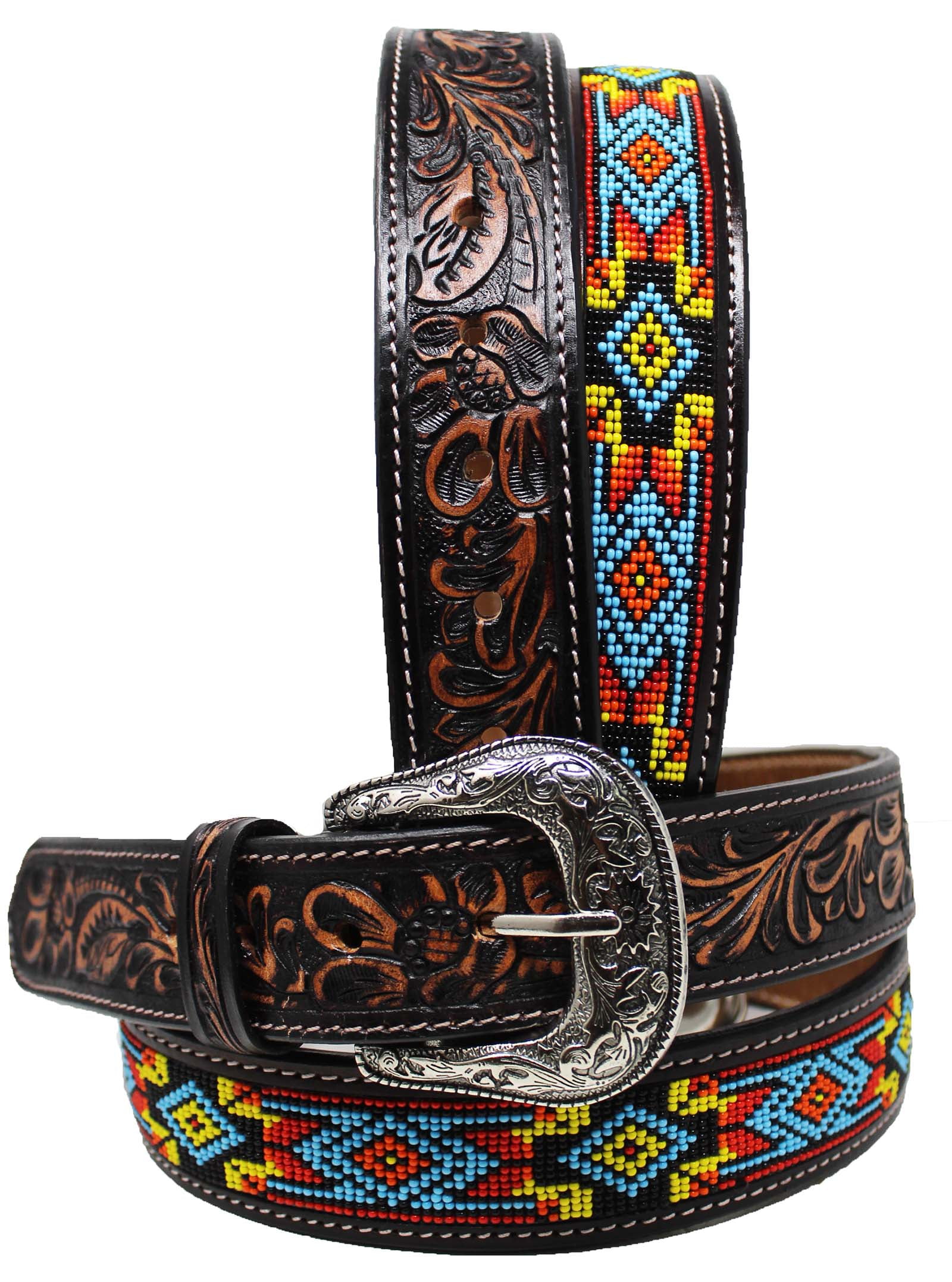 Men's Western Bison Leather Belt - Antique Silver Engraved Buckle Set, 1-3/8" Wide, Snap-On Style (Black, Size 36)