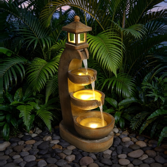 35.4" 4-Tier Outdoor Water Fountain with Lantern Light, Cascading Waterfall Fountain with Warm LED Lights for Patio, Garden, Backyard, Relaxing Zen Decor