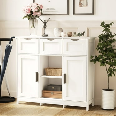 35.4" Accent Storage Cabinet, Modern Multi-Function Storage Sideboard with 3 Drawers, 2 Doors, 3 Adjustable Shelves, Side Console Table for Living Room, Bedroom, Kitchen, Dining Room, Entryway, White
