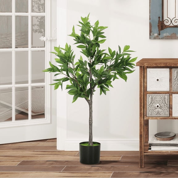 35.4" Artificial Laurel Tree - 345 Realistic PEVA Leaves, No Maintenance/Assembly, Lifelike Fake Tree for Living Room/Home Office/Entryway