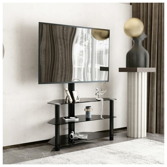 "35.4" Black TV Stand with Swivel Bracket - Height Adjustable 3-Tier Media Console for 32-65 inch TVs - Modern Living Room Furniture