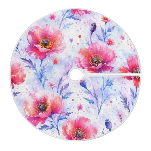 35.4" Christmas Tree Skirt Soft Round Xmas Tree Skirt for Holiday Decor Watercolor Red Floral Pattern