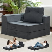 Jakoola 4-in-1 35.4W Foldable Sofa Chair Bed, Convertible Floor Couch Sleeper, Corduroy Folding Futon Bed for Seating and Sleeping in Living Room Guest Room and Small Spaces, Dark Gray