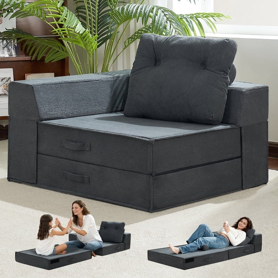 Jakoola 4-in-1 35.4"W Foldable Sofa Chair Bed, Convertible Floor Couch Sleeper, Corduroy Folding Futon Bed for Seating and Sleeping in Living Room Guest Room and Small Spaces, Dark Gray