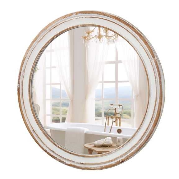 35.4" Farmhouse Decorative Round Mirrors with Ribbed Detail, Coastal & Farmhouse Style Decorative Mirror, Rustic Distressed Wooden Circle Mirror for Bathroom Over Sink, Entryway, Living Room, Vanity