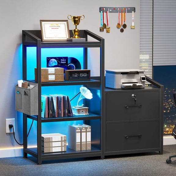 35.4” File Cabinet, Filing Cabinet fits Letter/A4 Size, 2 Drawe File Cabinets for Home Office with Power Strip, LED Lights, Lock, Open Shelf, Black