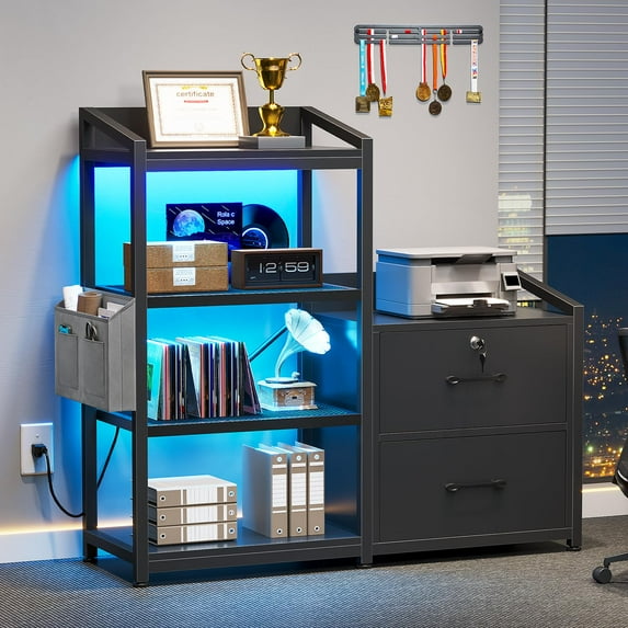 35.4” File Cabinet, Filing Cabinet fits Letter/A4 Size, 2 Drawe File Cabinets for Home Office with Power Strip, LED Lights, Lock, Open Shelf, Black