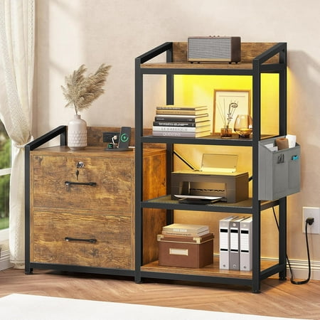 35.4” File Cabinet, Filing Cabinet fits Letter/A4 Size, 2 Drawer File Cabinets for Home Office with Power Strip, LED Lights, Lock, Open Shelf, Rustic Brown