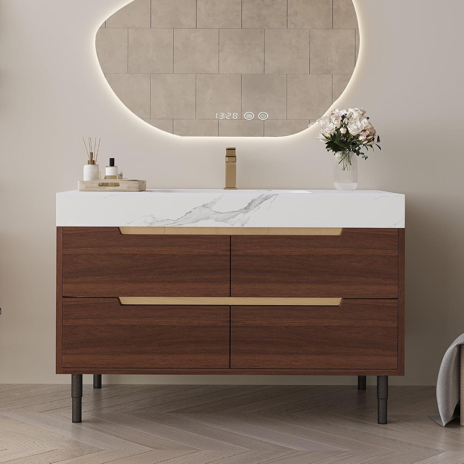 35.4" Freestanding Bathroom Vanity with Sintered Stone Countertop and Ceramic Basin Sink, Modern Bathroom Cabinet with 4 Soft Closing Drawers, Hidden Handle, Powder-Coated Metal Legs, Walnut