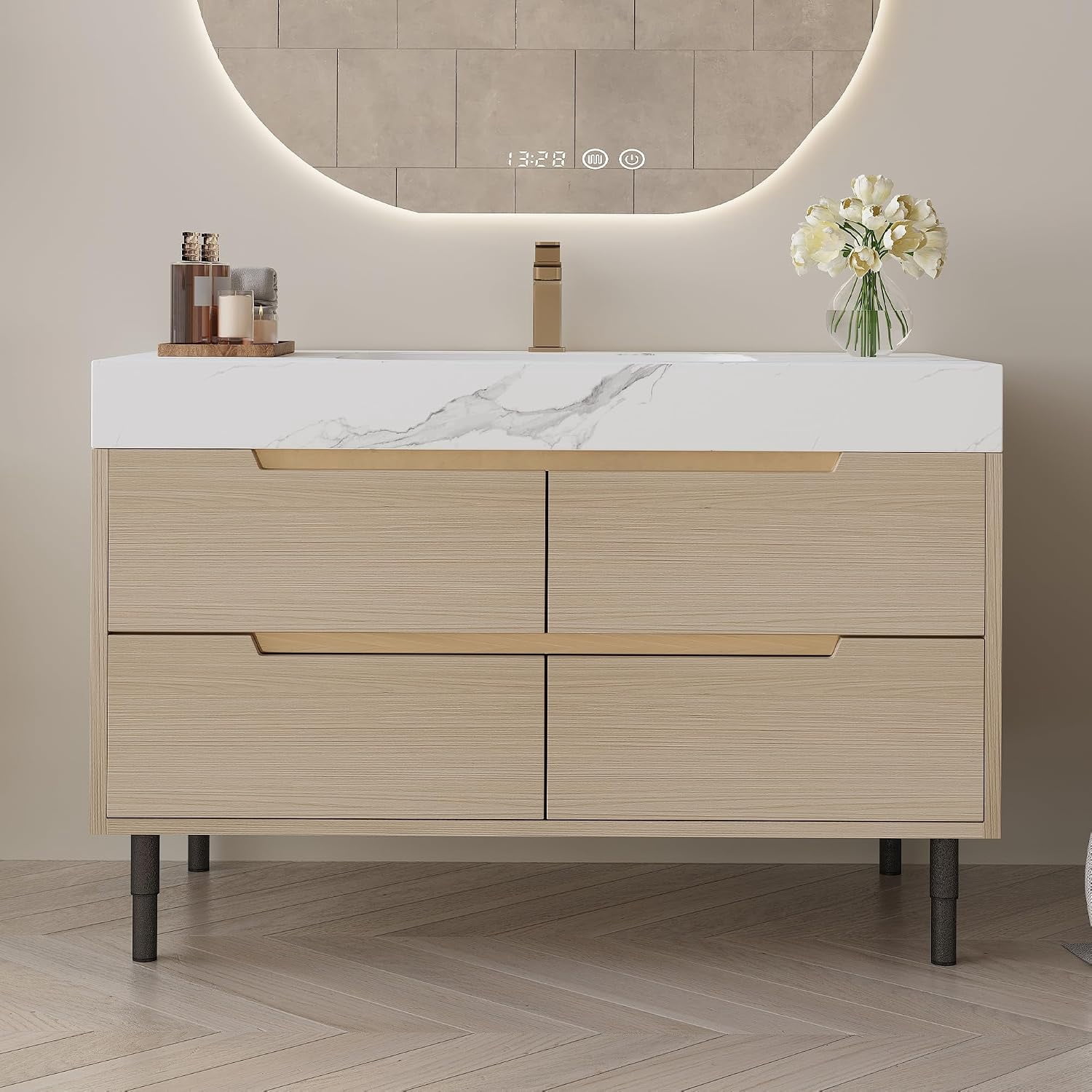 35.4" Freestanding Bathroom Vanity with Sintered Stone Countertop and Ceramic Basin Sink, Modern Bathroom Cabinet with 4 Soft Closing Drawers, Hidden Handle, Powder-Coated Metal Legs, Wood+White
