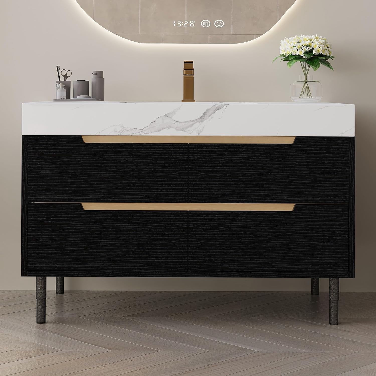 35.4" Freestanding Black Bathroom Vanity with Sintered Stone Countertop and Ceramic Basin Sink, Modern Bathroom Cabinet with 4 Soft Closing Drawers, Hidden Handle, Powder-Coated Metal Legs,Black