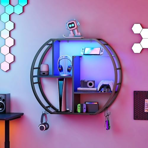 35.4" Gaming Floating Shelves, LED Wall Mounted Shelf with Glass Shelf, Wall Decor Rack with 12 S-Hook, Floating Storage for Game Room, Living Room, Wine Coffee Bar, Black TBJ09DBB