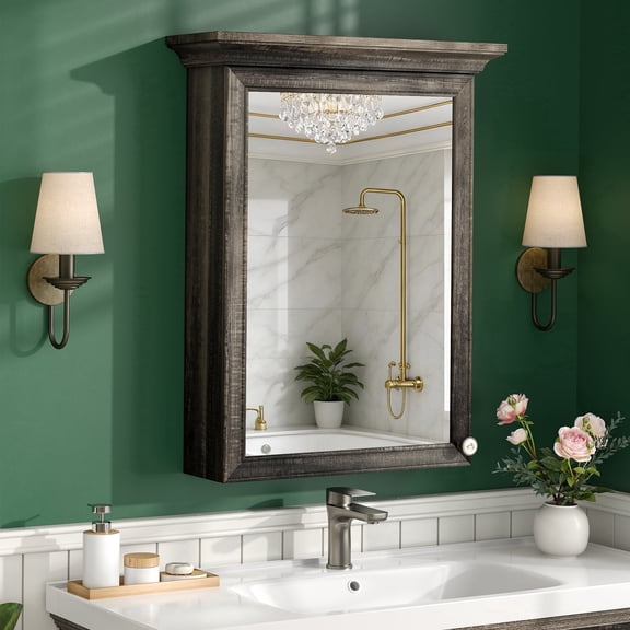 35.4" H Framed Wood Farmhouse Medicine Cabinet with Mirror, Adjustable Shelves & Soft-Close Hinges