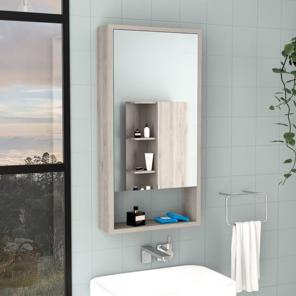 35.4" H Gray Medicine Cabinet, Two Internal Shelves, One External, Mirrored Style Interior Shelves To Keep Your Meds Organized