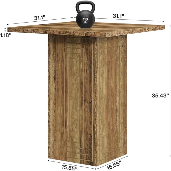 35.4" H Square Bar Table, Farmhouse Counter Height Table with Stable Base, Wooden Pub Table for Dining Room, Kitchen, Rustic Brown
