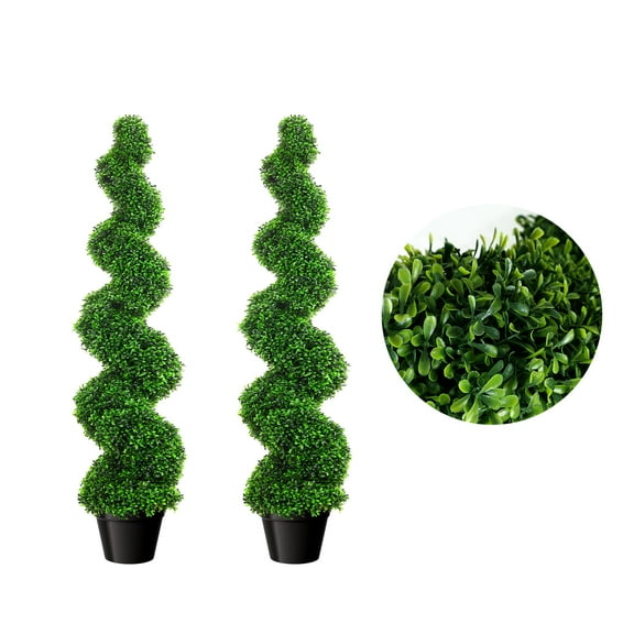 35.4 Inch Artificial Boxwood Spiral Topiary Trees, Set of 2, Decorative Fake Twisted Greenery Trees, Faux Plants with PE Leaves, All-Year Green in Cement-Filled Plastic Pot for Indoor, Balcony, Patio