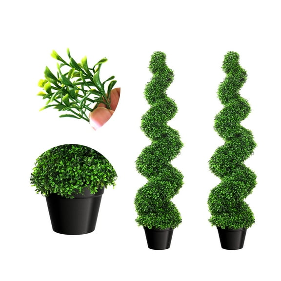 35.4 Inch Artificial Boxwood Spiral Topiary Trees, Set of 2, Decorative Faux Greenery Plants, Fake Twisted Trees with PE Leaves, All-Year Green in Cement-Filled Plastic Pot for Deck, Porch, Entryway