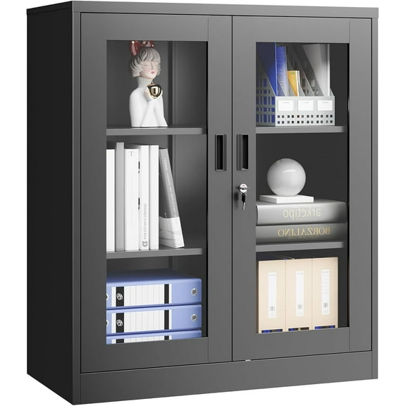 35.4-Inch Black Locking Display Cabinet with Acrylic Doors and 2 Adjustable Shelves, Metal Curio Cabinet for Home and Office