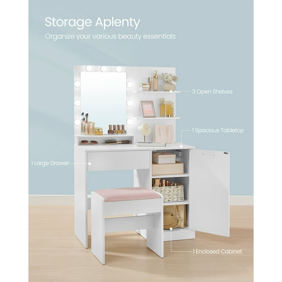 35.4 Inch Makeup Vanity Desk with Dimmable LED Mirror, Power Outlets and Stool, Cloud White Vanity Set with Storage for Bedroom, Cloud White