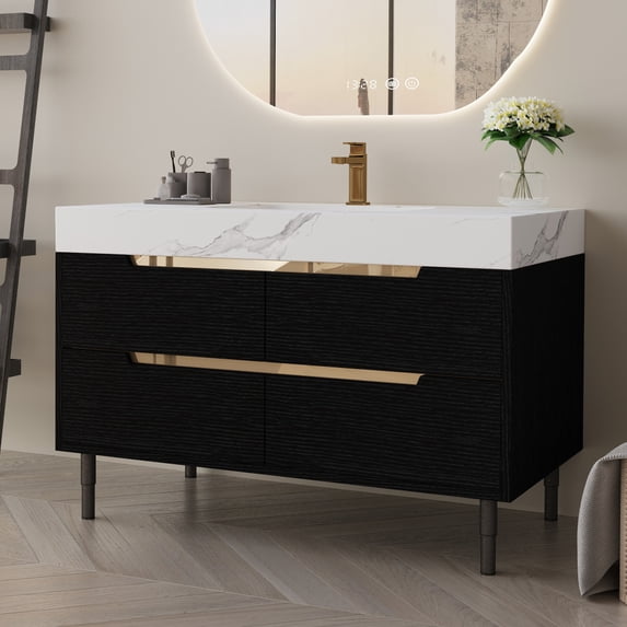 35.4 Inch Modern Bathroom Vanity with Undermount Sink, Durable Sintered Stone Countertop, Waterproof Solid Wood Cabinet, Four Soft Close Drawers, Free Standing or Wall Mount Installation