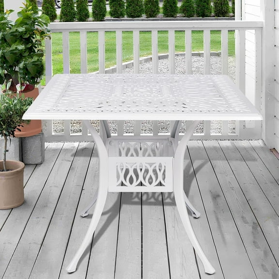 SOCIALCOMFY 35.4 Inch Outdoor Dining Table Square Patio Table Bronze Cast Aluminum Rustic Large Table with Umbrella Hole, White