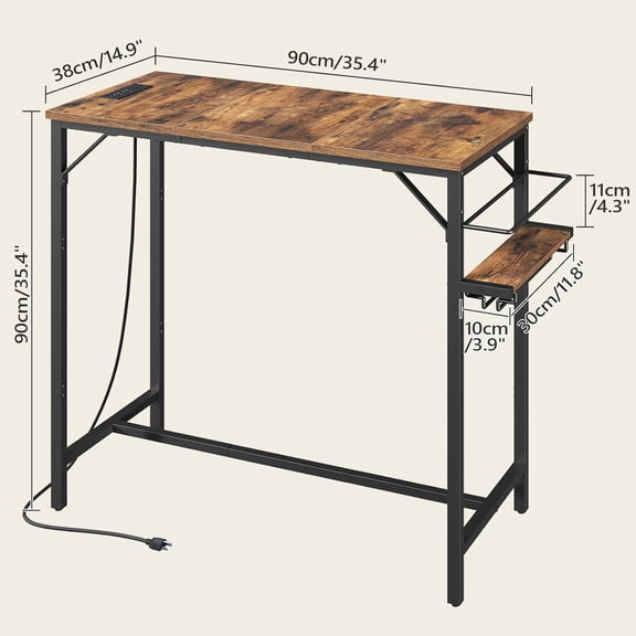 35.4-Inch Rectangular Bar Pub Table, Counter Height Dining Table with Charging Station, Wine Rack & Glass Holder, High Top Cocktail Accent Table for Kitchen, Standalone Table